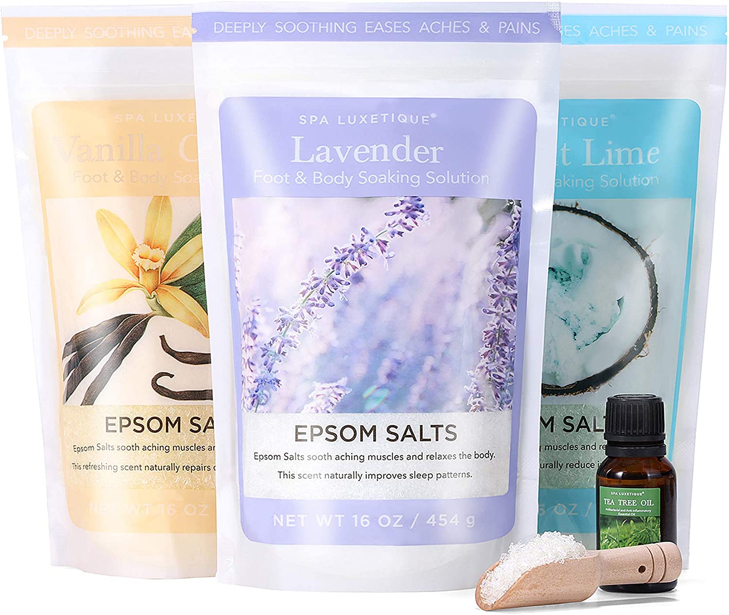 3x 16oz Foot Body Soaking Solution Epsom Bath Salts with 15ml Essential Oil, Sooth Aching Muscles and Relax Body
