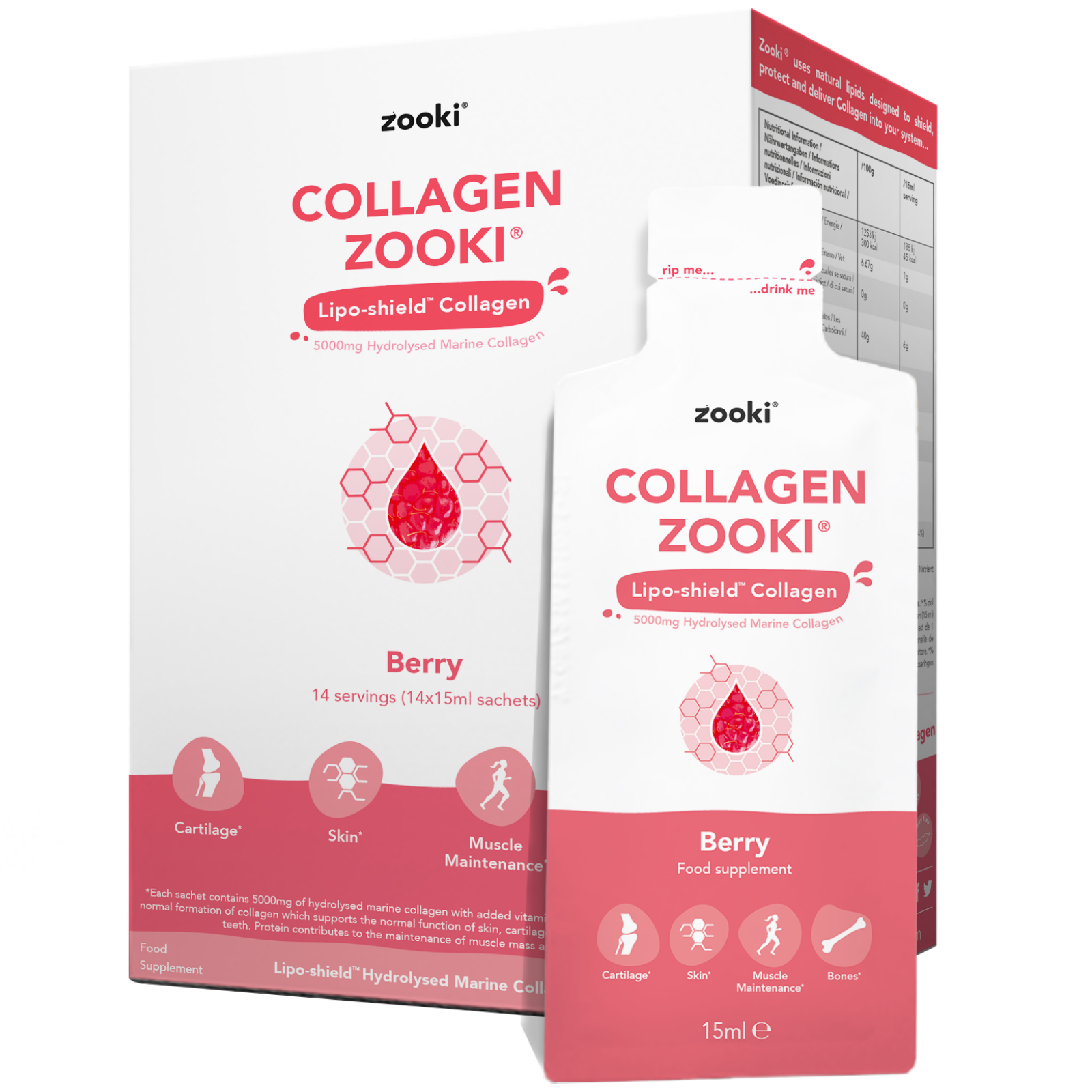 Collagen Zooki - Marine Liquid Collagen Sachets - Beerengeschmack - Hydrolysierte Marine Collagen Peptide - Unterstützung für Haut, Haare, Nägel, Gelenke & Muskeln - Box mit 14 Stück