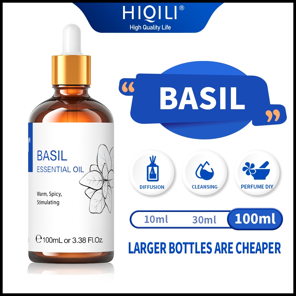 HIQILI 100ML Basilikum Ätherische Öle,100% Reine Natur für Aromatherapie | Verwendet für Diffusor，Befeuchter，Massage | Energie