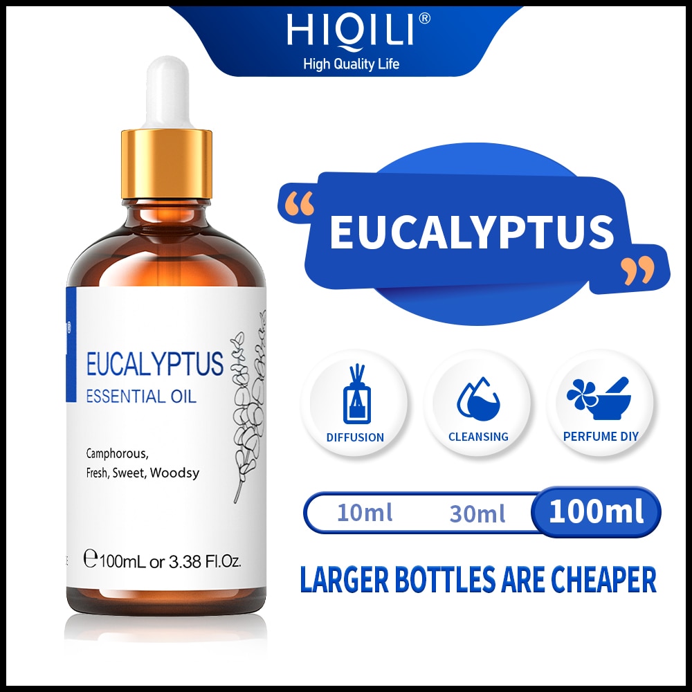HIQILI 100ML Olejki eteryczne eukaliptusowe, 100% Pure Nature do aromaterapii | używane do dyfuzorów, nawilżania, masażu | zapobiegania przeziębieniom