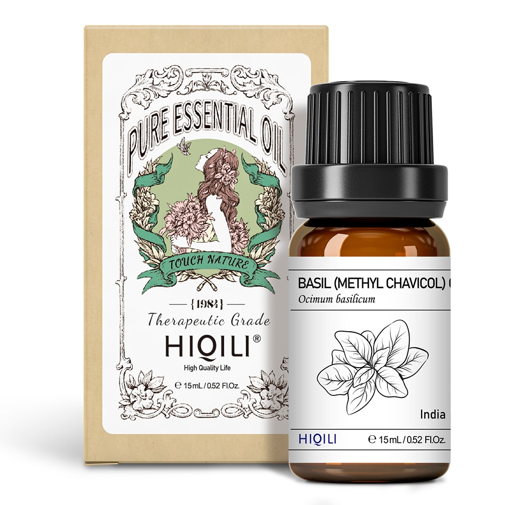 HIQILI Basil Essential Oils 100% Ren, outspädd, terapeutisk kvalitet för aromaterapi, topiska användningsområden - 15ML