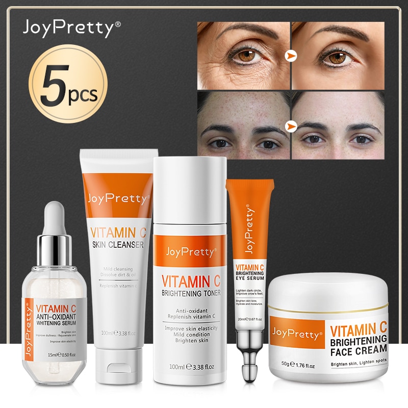 JoyPretty Vitamin C Whitening Face Care Set Serum Facial Cream Eye Serum Toner Remove Dark Circles Brightens Skin Tone Care 5PCS