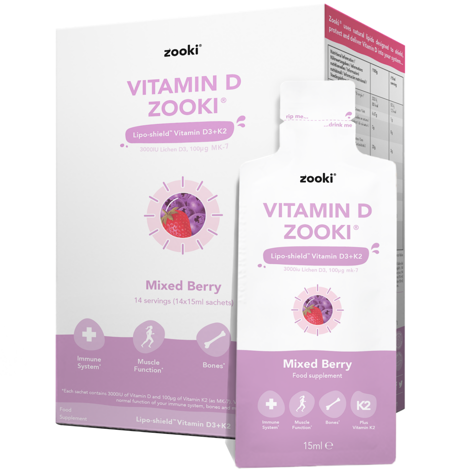 Vitamine D Zooki - Saveur de baies mélangées - 3000iu de vitamine D3 végétalienne et 100mcg - Boite de 14