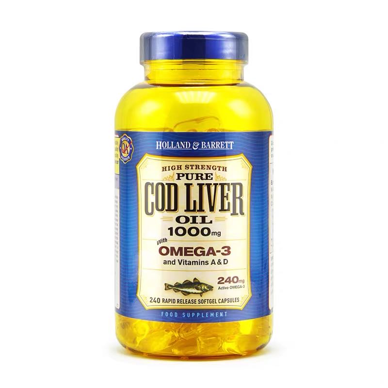 Cod Liver Oil 1000 mg Omega-3 i witamina A & D 240 kapsułek
