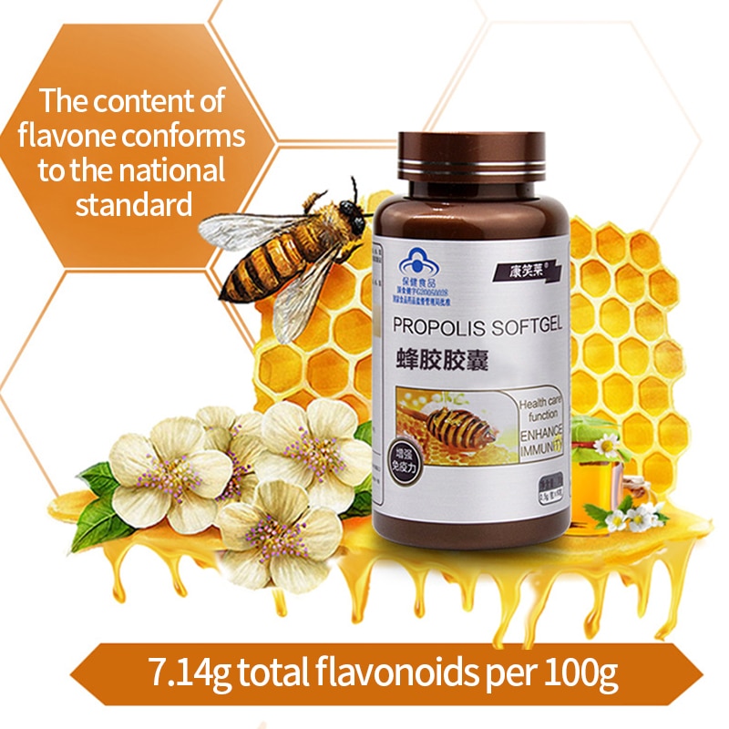 Propolis Capsule Bee Propolis Extract Flavonoid Helpt Boost Immunity Health Food voor het verbeteren van de immuniteit 0,5g * 60pcs